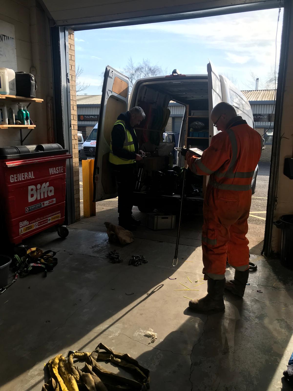 Material check of Speedrite materials in the van.